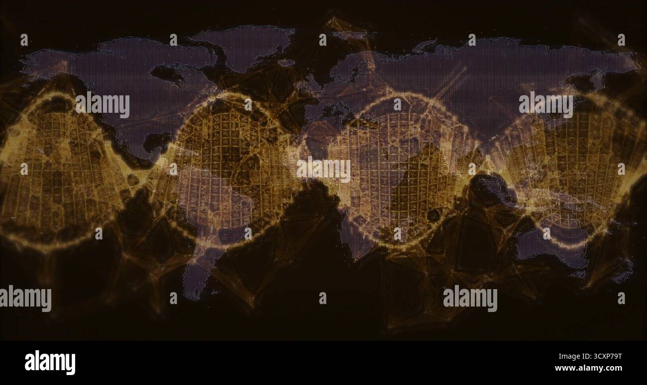 Displaying network grid map forming glowing amber nodes on dark screen, with triangular mesh links Stock Photo