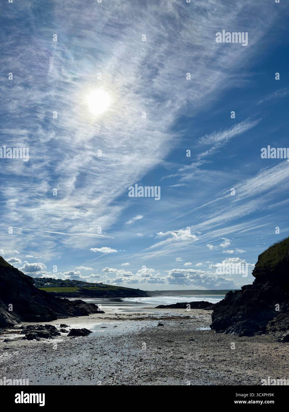 Polzeath Bay at Low Tide, Cornwall, UK - Smartphone Captured Stock Image