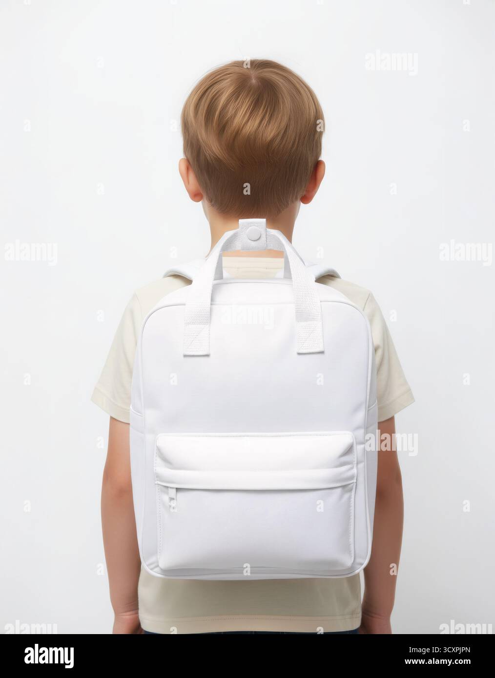 Mockup of white backpack on child. Stock Photo