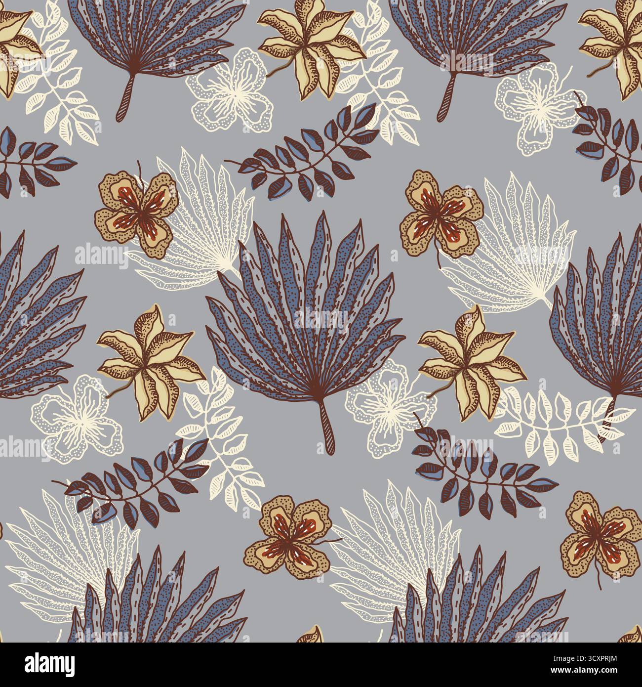 Pastel pattern with tropical leaves on gray Stock Vector