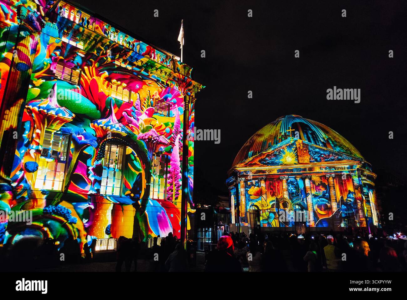 Berlin, Germany. 15th Oct 2025. Illumination 3D video mapping show on the facade of Opera house (Staatsoper Unter den Linden) and St. Hedwig’s Cathedral on Bebelplatz during 2025 Festival of Lights in Berlin Stock Photo