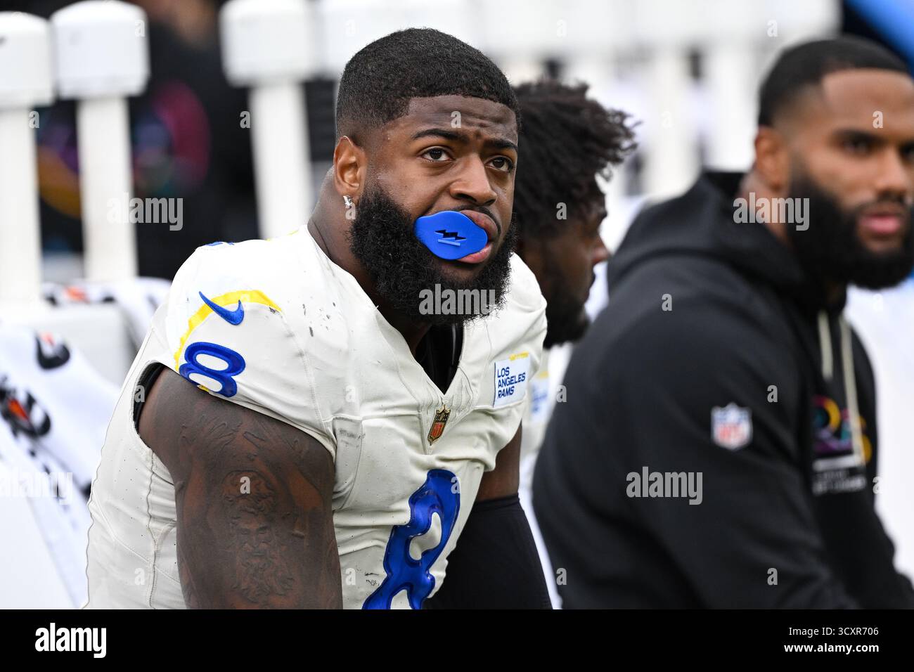 Los Angeles Rams linebacker Jared Verse (8) looks on from the sideline ...