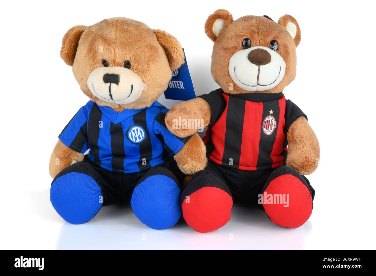 Inter and AC Milan teddy bears symbolising the Derby della Madonnina aka Derby di Milano (Milan Derby) - Wales, UK - 7 October 2025 Stock Photo