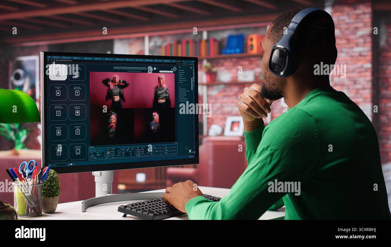 Black graphic designer working in loft with AI image generator software. Digital screen displaying visuals created through machine learning and cloud computing, generative AI. Camera A. Stock Photo