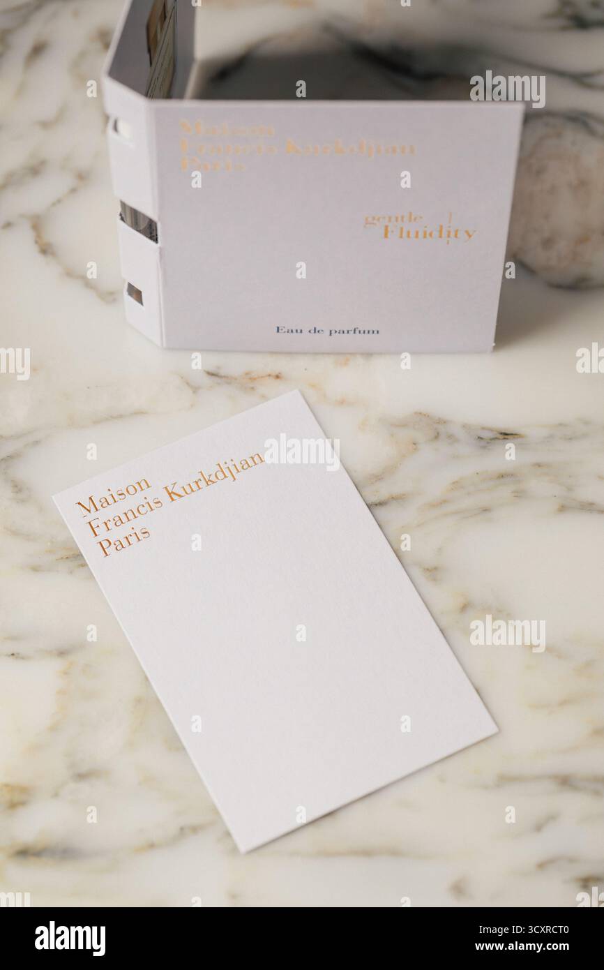 Maison Francis Kurkdjian scent card and sample vial of Gentle Fluidity perfume Stock Photo