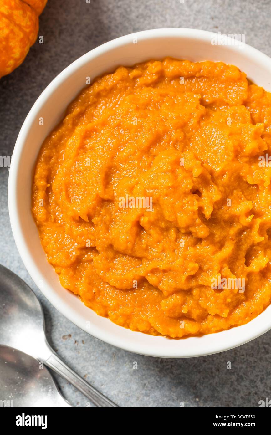Raw Organic Cooked Pumpkin Puree in a Bowl Stock Photo
