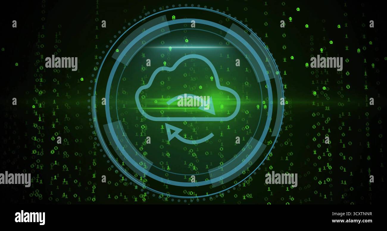 Pulsing cloud sync icon within rings in interface, emitting radial green glow and streaming bits Stock Photo