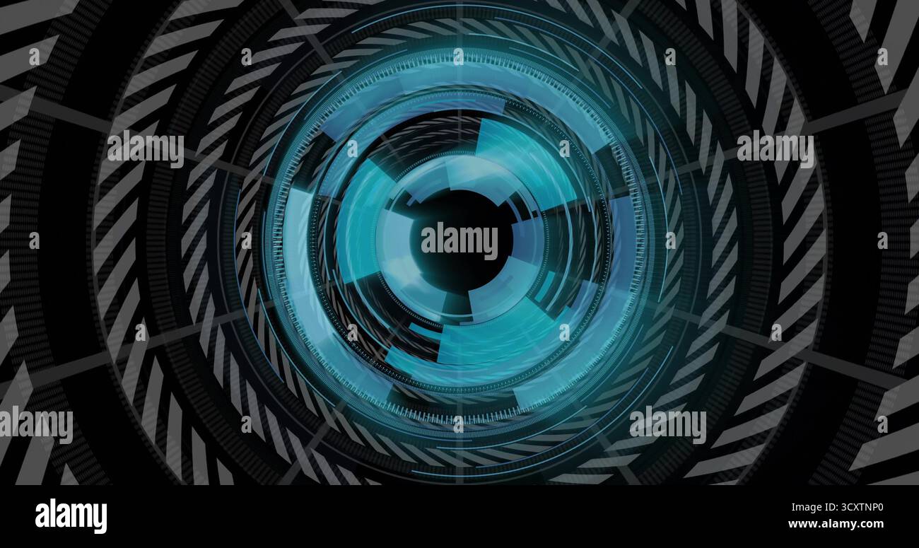 Featuring circular digital interface in HUD graphic, with concentric rings, radial segments Stock Photo
