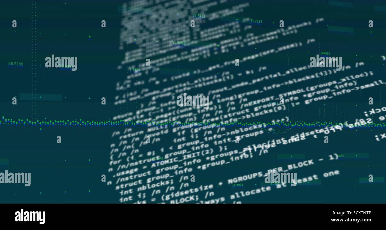 Stylized code blocks floating in data space with numeric labels, dotted line graphs, grid overlays Stock Photo