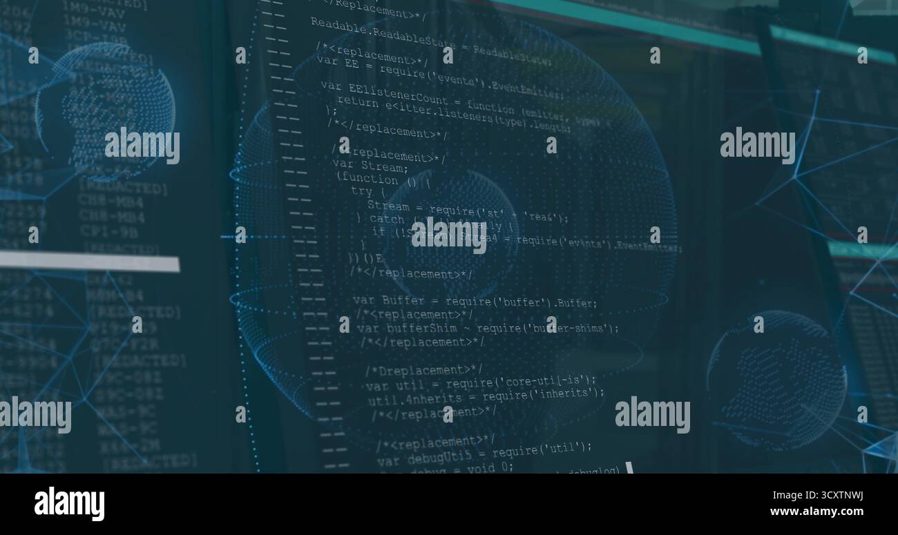 Displaying central code editor showing JavaScript variables in tech space, with 3D wireframe globes Stock Photo