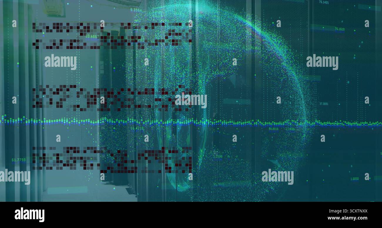 Displaying server racks cables LEDs in data center projecting digital sphere and numeric graph line Stock Photo