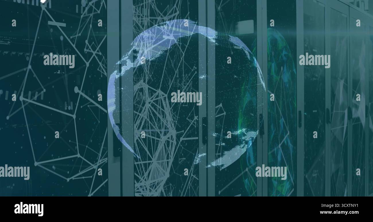Displaying holographic digital globe overlaying server racks at data center, with network nodes Stock Photo