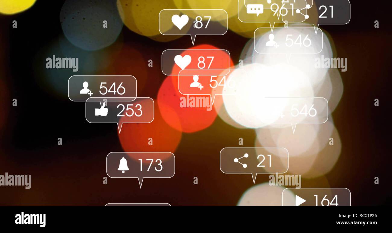 Floating notification bubbles appearing on dark bokeh digital interface, with counters and icons Stock Photo