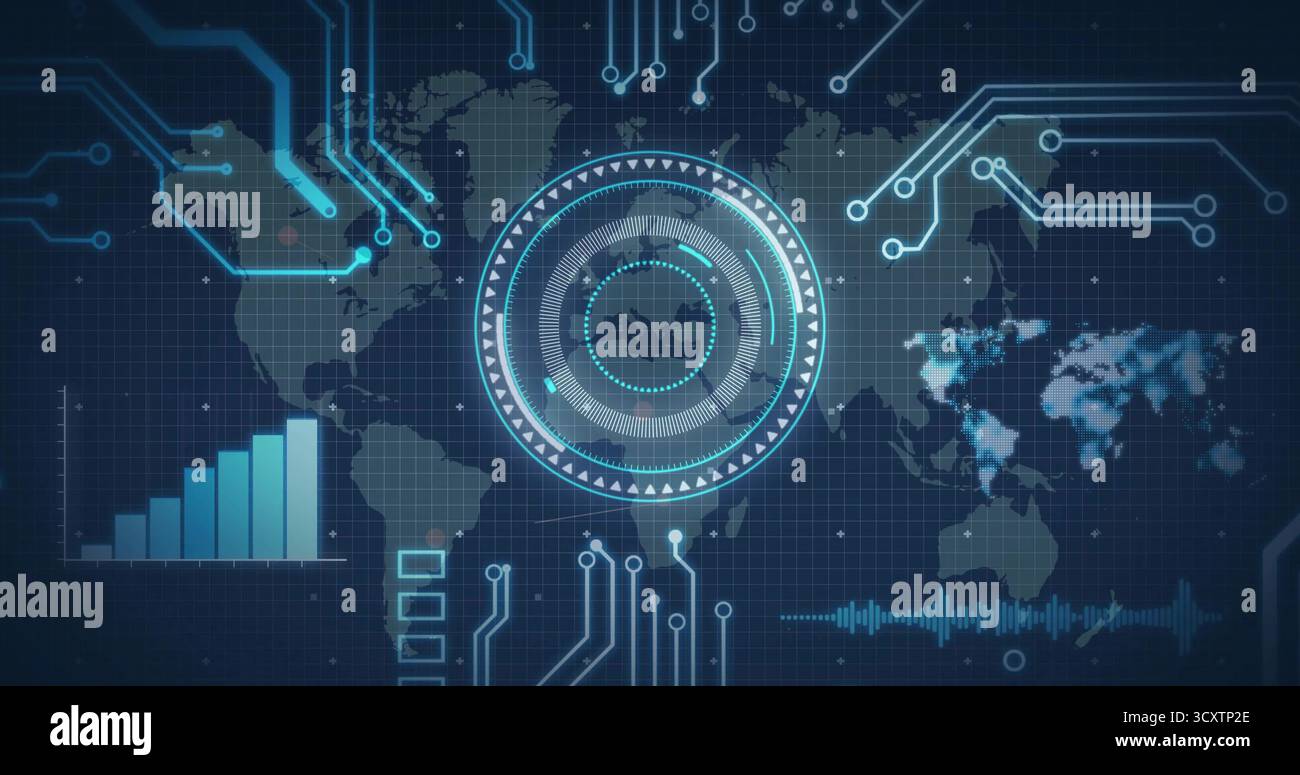 Displaying circular HUD interface showing data rings on panel, with map and glowing circuit nodes Stock Photo