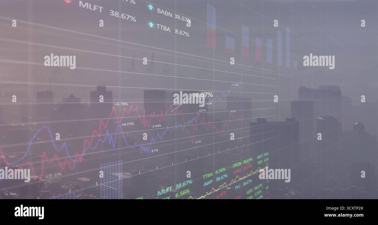 Displaying financial data overlay at city skyline with neon trend lines ...