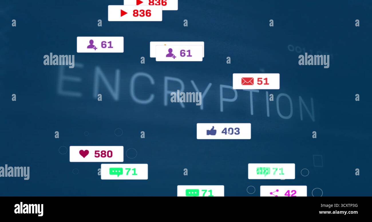 Displaying ENCRYPTION word floating on deep blue gradient background, with notification badges Stock Photo