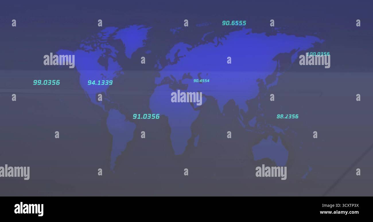 Displaying stylized digital world map filling interface screen, with teal numeric overlay labels Stock Photo