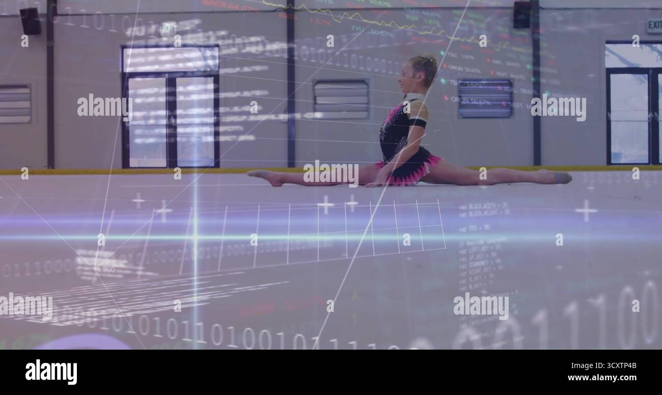 Leotards Split Rips Performing gymnast in black leotard splitting mid-air across gym floor ...