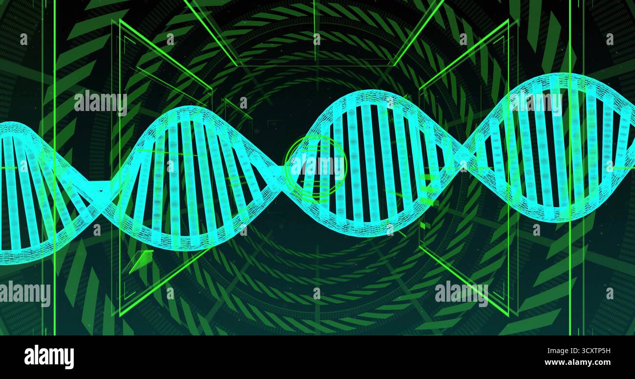 Displaying neon teal 3D DNA double helix in abstract digital interface, with geometric frames Stock Photo