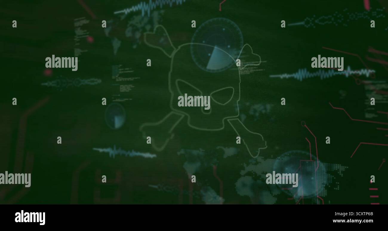 Displaying skull and crossbones icon over cybersecurity screen with world map, code, red circuits Stock Photo