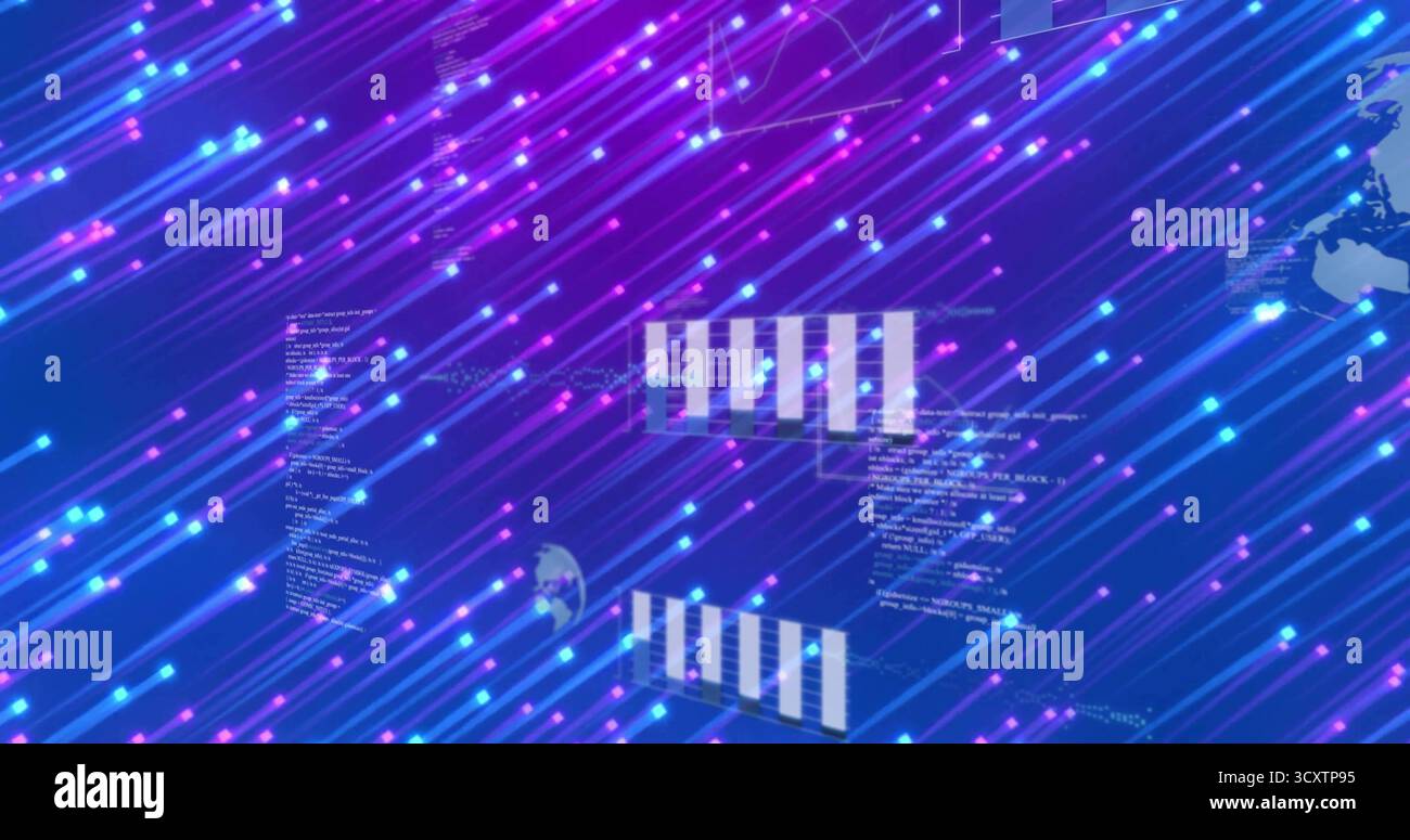 Streaming neon diagonal light streaks across data network, with code snippets and bar chart blocks Stock Photo