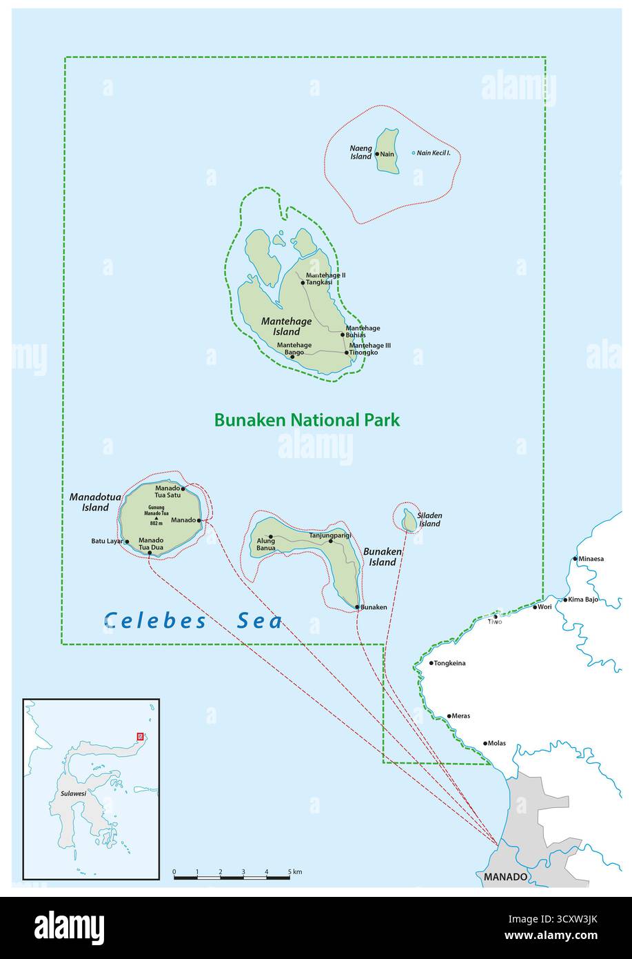 Map of Bunaken National Park, Sulawesi, Indonesia Stock Photo