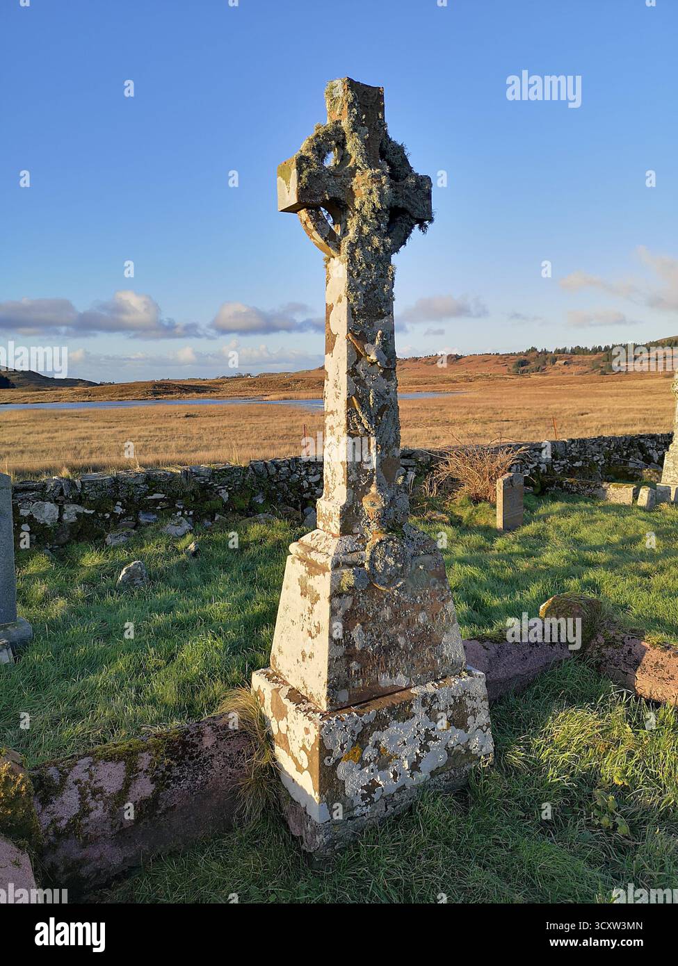 Ruins of Kilvickeon Church and Celtic gravestones, Isle of Mull, Scotland—historic cemetery near Scoor beach on the Ross of Mull in Inner Hebrides. - Smartphone Captured Stock Image