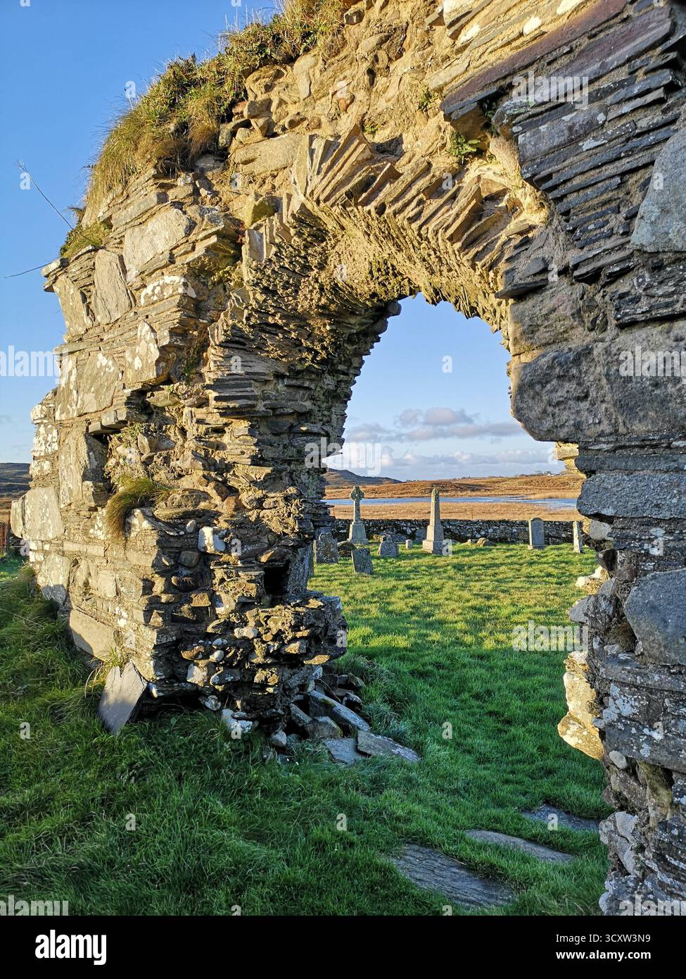 Ruins of Kilvickeon Church and Celtic gravestones, Isle of Mull, Scotland—historic cemetery near Scoor beach on the Ross of Mull in Inner Hebrides. - Smartphone Captured Stock Image
