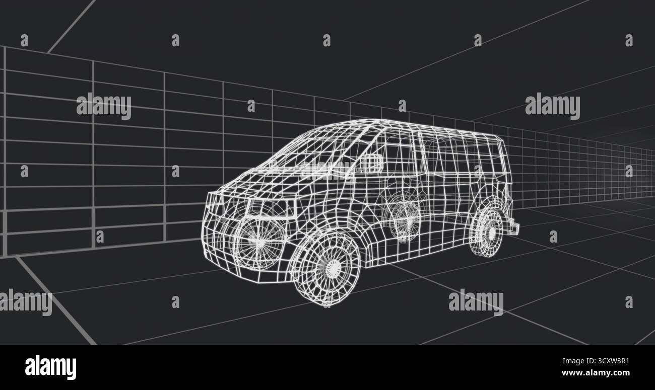 Displaying wireframe cargo van model rotating on virtual 3D grid workspace, perspective grid lines Stock Photo