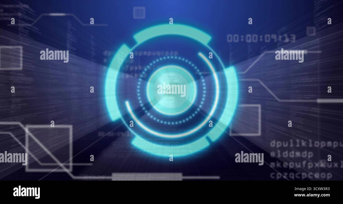 Projecting central holographic interface with rings above virtual grid, overlays, code and timecode Stock Photo