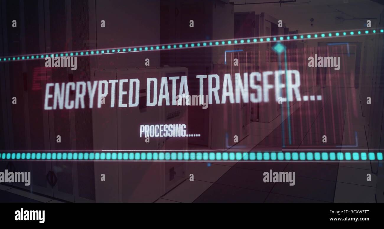 Displaying overlay showing encrypted data transfer processing on server racks, LEDs in data center Stock Photo