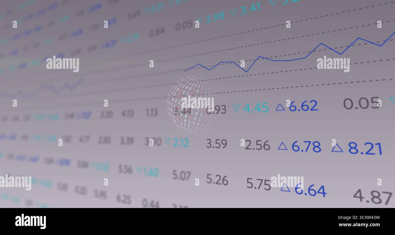 Rotating binary sphere moving through data dashboard, showing numeric rows and jagged line graph Stock Photo
