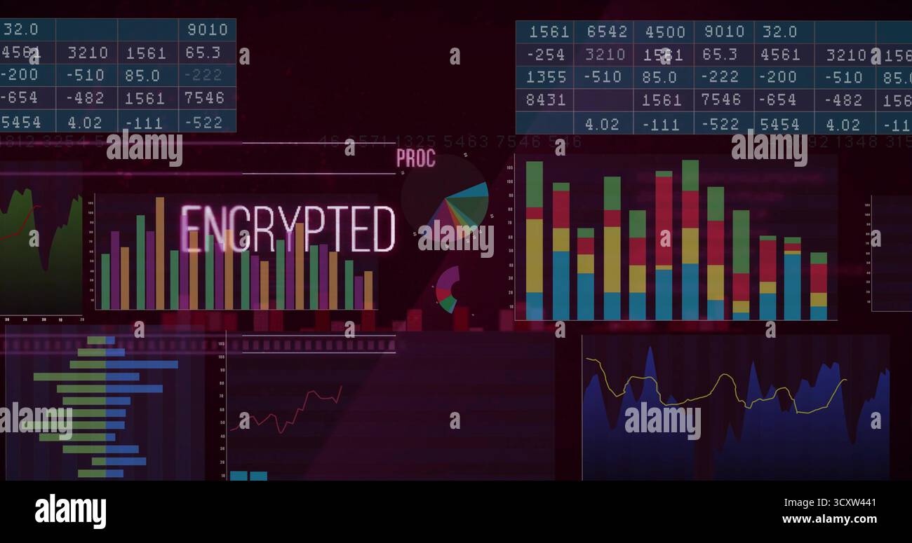 Displaying dark-themed computer screen showing ENCRYPTED label over bar chart with PROC pie chart Stock Photo