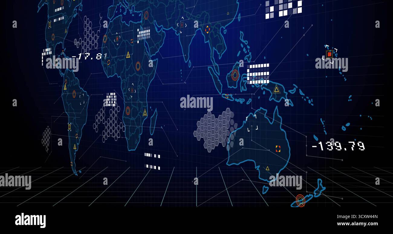 Displaying neon-blue world map on grid floor, showing data clusters ...