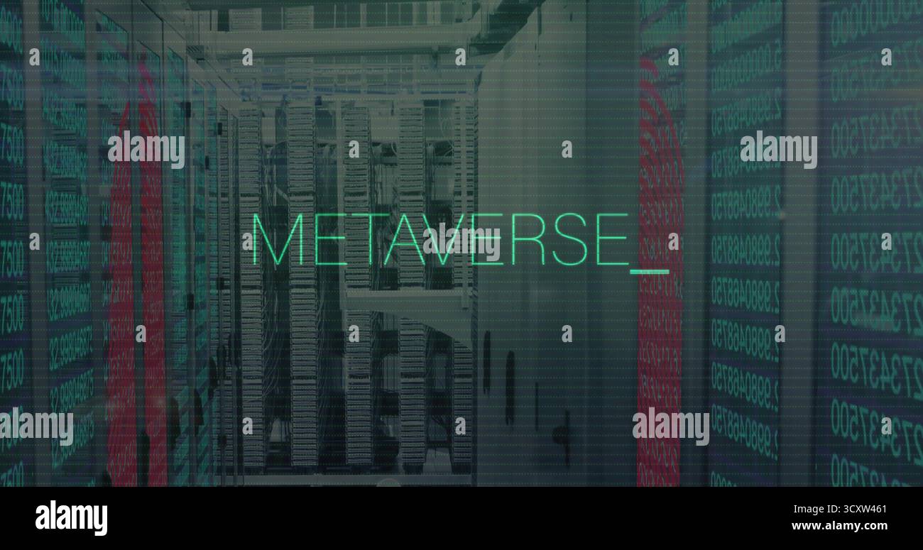 Floating METAVERSE text hovering over server racks in data center aisle with binary code overlay Stock Photo