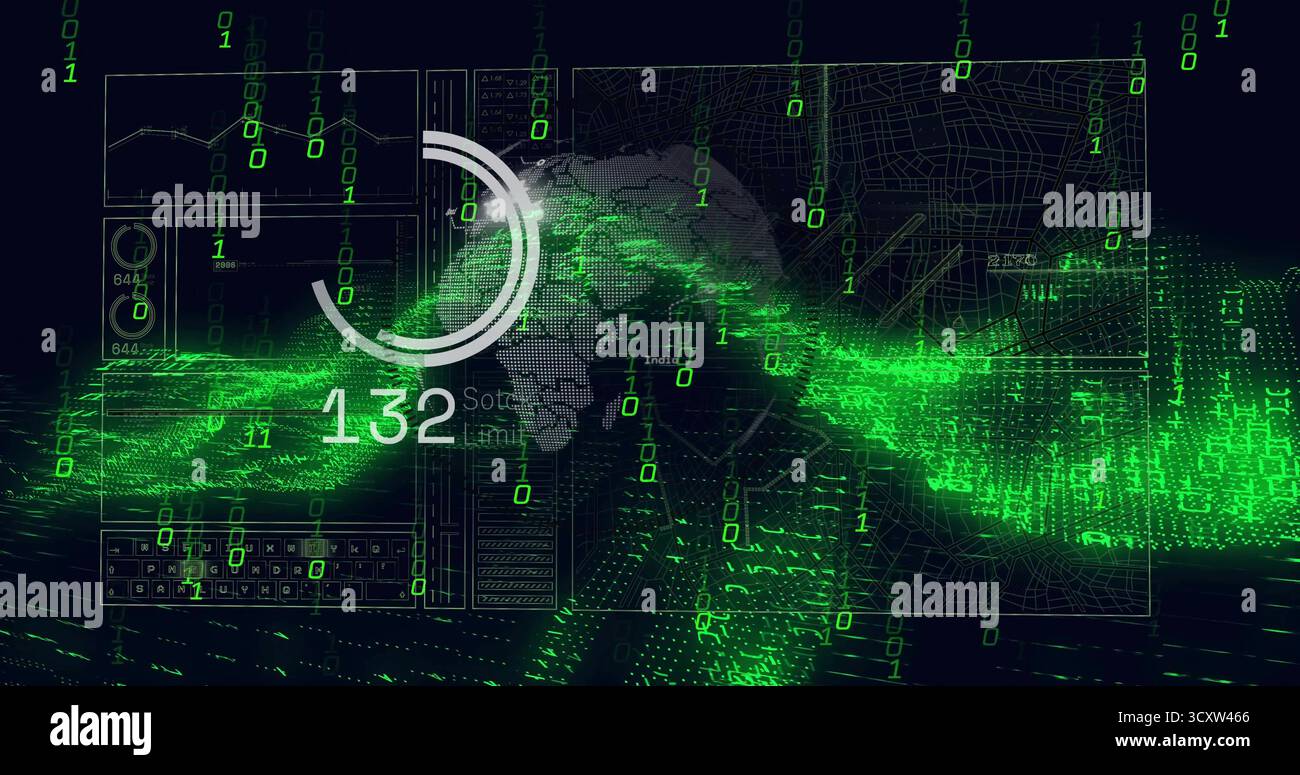 Displaying circular progress graphic showing 132 on digital interface with charts, map, binary bits Stock Photo