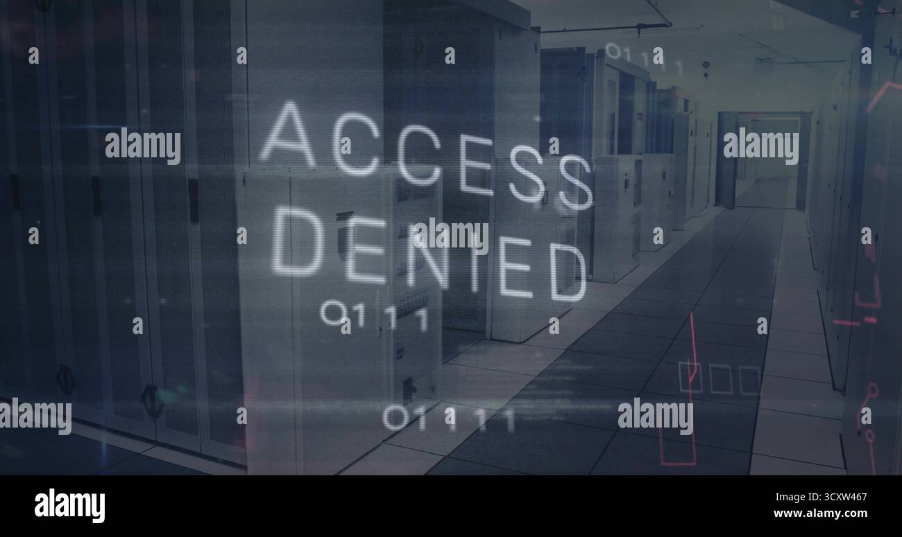 Digital ACCESS DENIED overlay hovering in data center corridor, with server racks and binary code Stock Photo