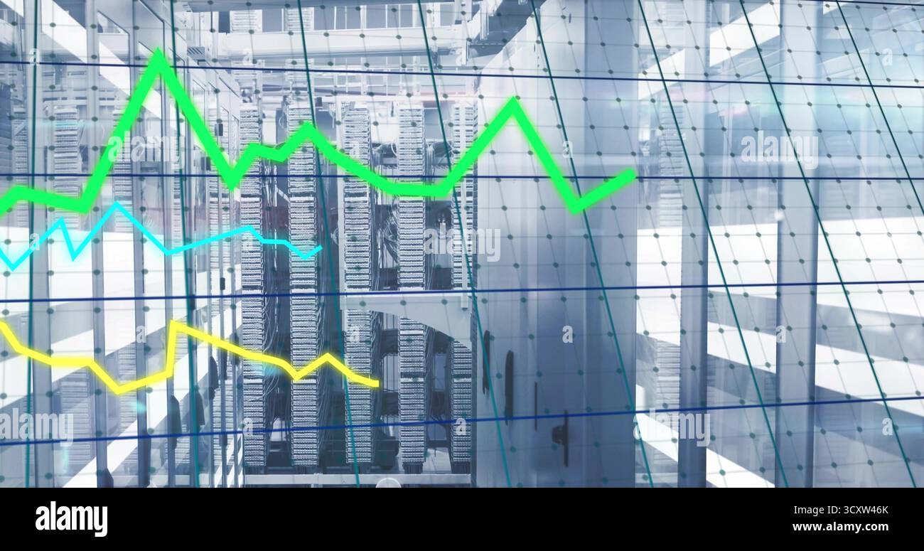 Showing server racks displaying performance data in data center corridor, with line graph overlay Stock Photo