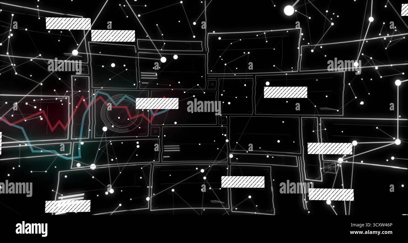 Visualizing white nodes, lines forming network in digital void, with frames and colored lines Stock Photo