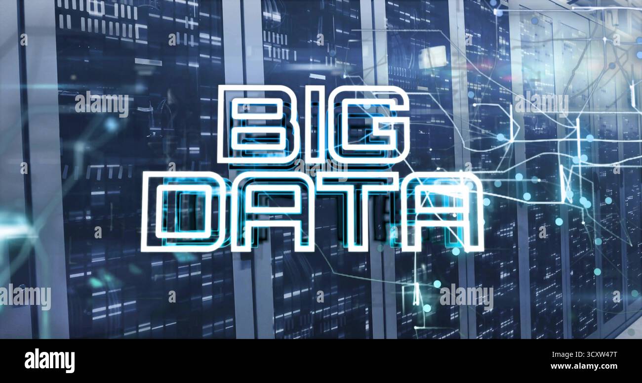 Displaying glowing BIG DATA covering server racks in server room, showcasing network connectivity Stock Photo