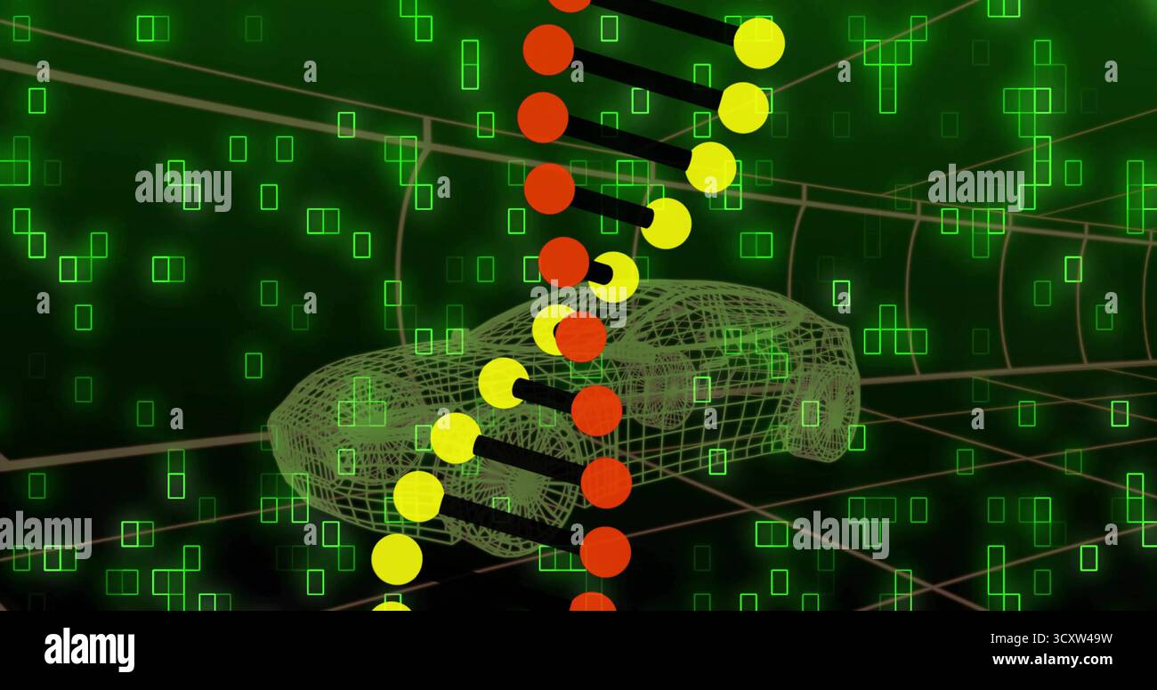 Floating wireframe automobile model drifting within dark grid, with neon green pixels, node column Stock Photo