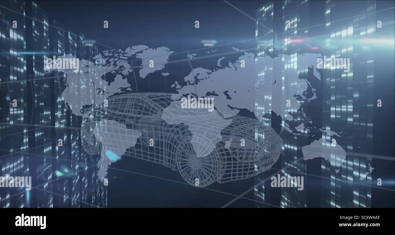 Displaying 3D wireframe car model in data grid, with data columns showing world map overlay Stock Photo