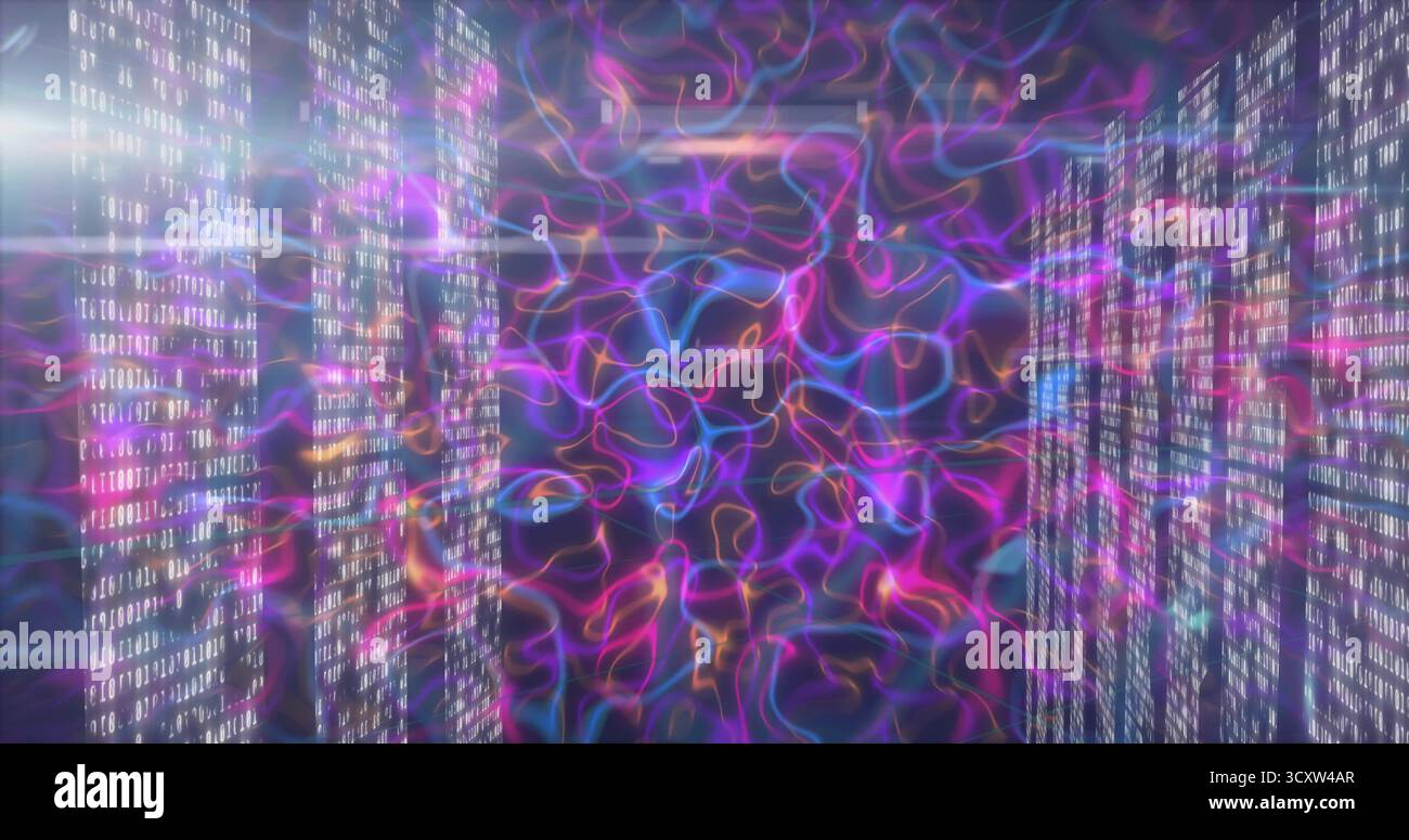 Swirling neon waveforms forming futuristic tunnel in virtual corridor, with binary code panels Stock Photo