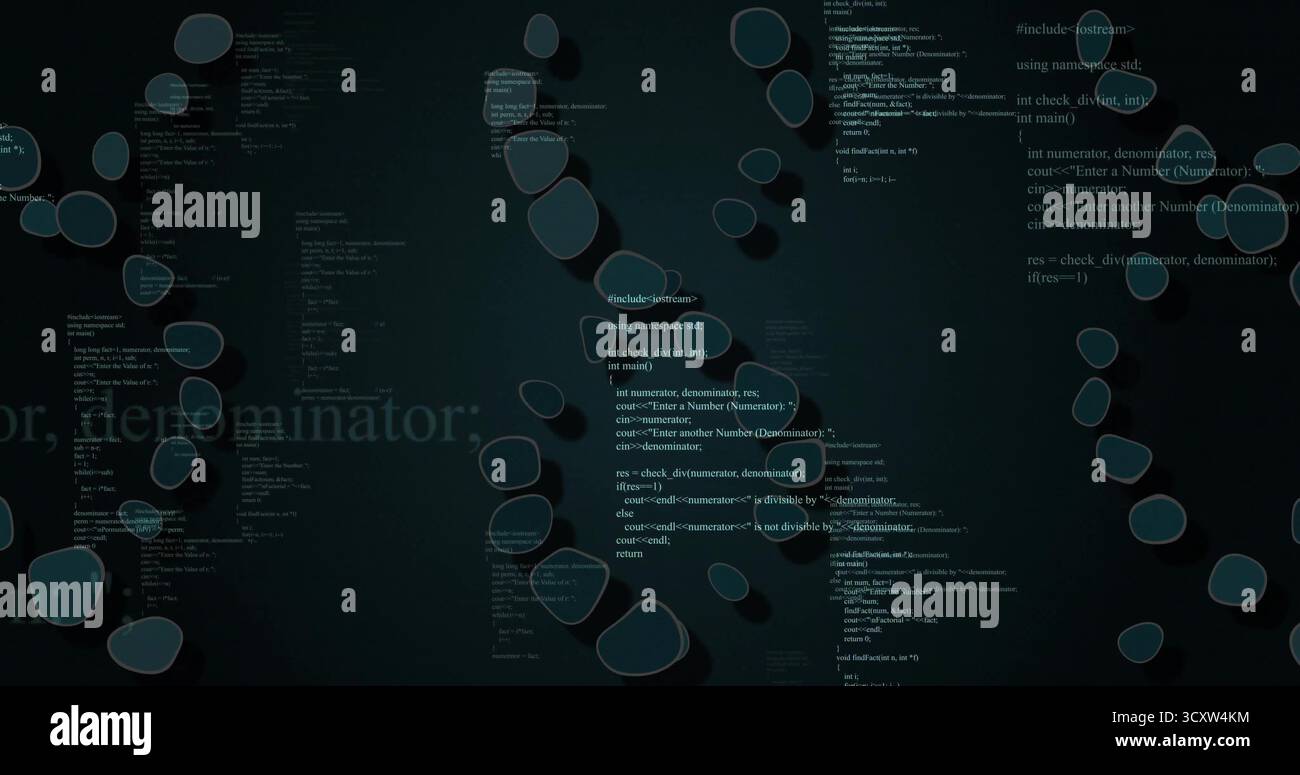 Displaying centered code fragments and turquoise blobs on digital screen, software theme Stock Photo