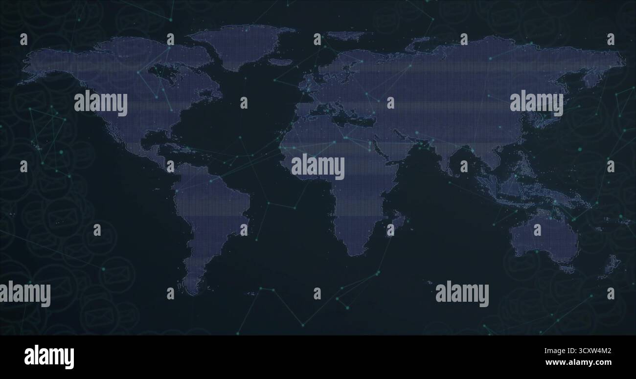 Displaying pixelated world map revealing network nodes on digital panel, with scanline grid Stock Photo