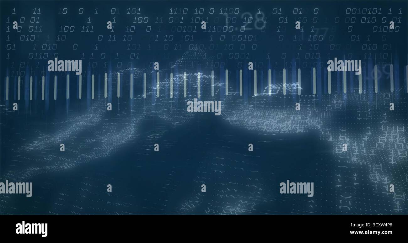 Displaying vertical glowing bars stretching across digital mesh, with floating binary sequences Stock Photo