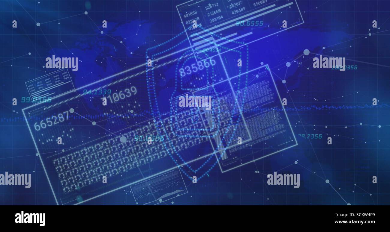 Displaying translucent keyboard blueprint over network map, with data panels, nodes and code window Stock Photo