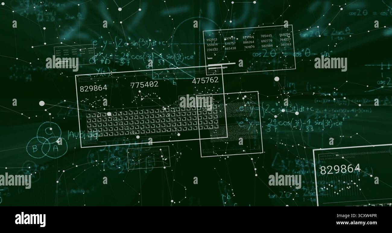 Displaying central translucent panel showing numeric codes over green interface, with network nodes Stock Photo