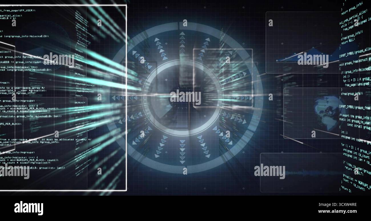 Streaming data hub handling teal streams in dark grid backdrop, with code, chart and globe panels Stock Photo