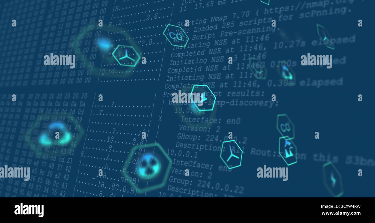 Displaying neon cyan hexagonal icons in cyber dashboard, showing hexadecimal data, terminal output Stock Photo